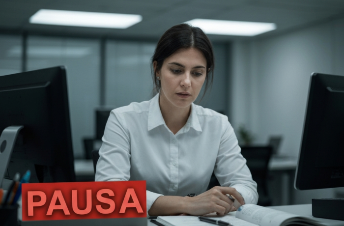 Mesa de oficina con sello PAUSA y expedientes