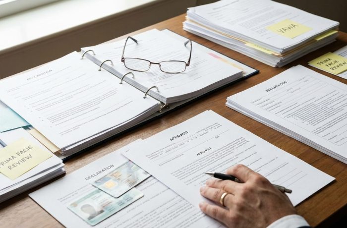 Mesa de trabajo con documentos, declaraciones e identificaciones; que es prima facie VAWA.