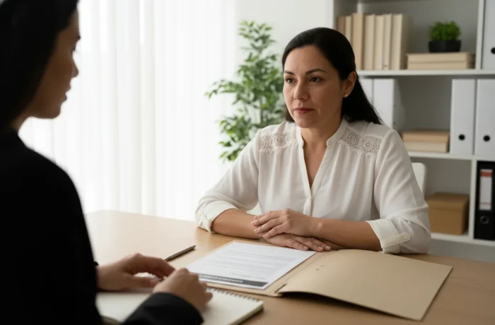 Mujer hispana en consulta con abogada de inmigración revisa documentos sobre la visa VAWA en oficina