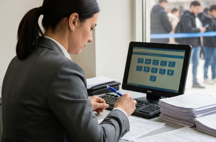 Oficial consular revisando formularios