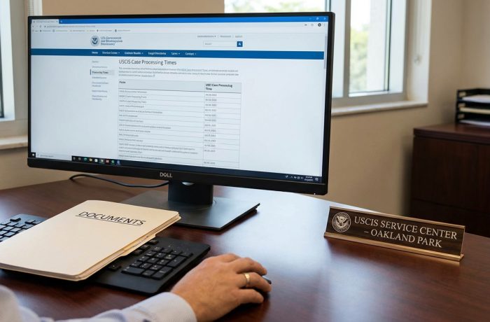 Pantalla con tiempo de procesamiento USCIS Texas y carpetas de documentos en una mesa.