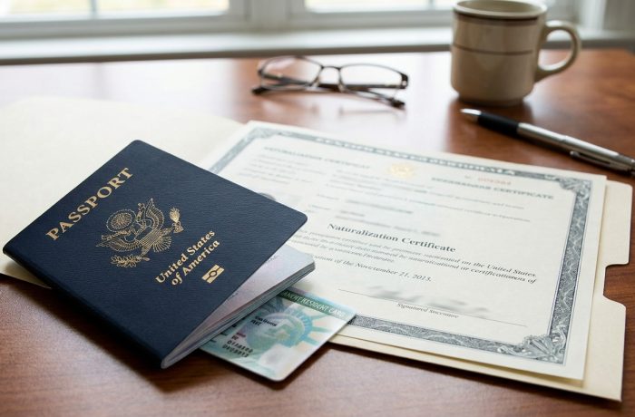 Pasaporte de Estados Unidos, certificado de naturalizacion y Green Card, representando las ventajas de ser ciudadano americano.
