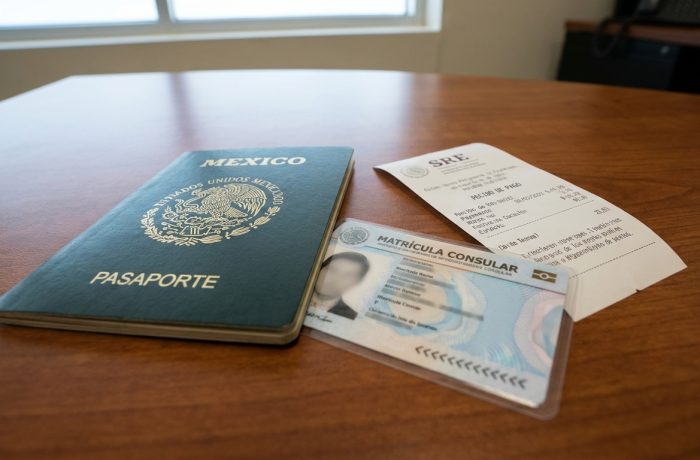 Pasaporte mexicano expedido y matricula consular sobre escritorio, con comprobante de pago.
