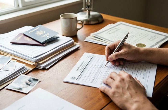 Paso a paso: como llenar formulario i-130. Documentos de solicitud migratoria para familiar extranjero organizados sobre escritorio.