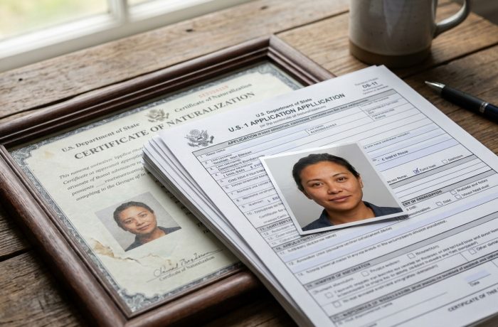 Persona organizando documentos para solicitar el pasaporte americano por primera vez sobre un escritorio de madera