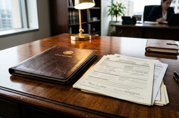 Persona revisando documentos legales con abogados de inmigracion en espanol cerca de mi en una oficina profesional.