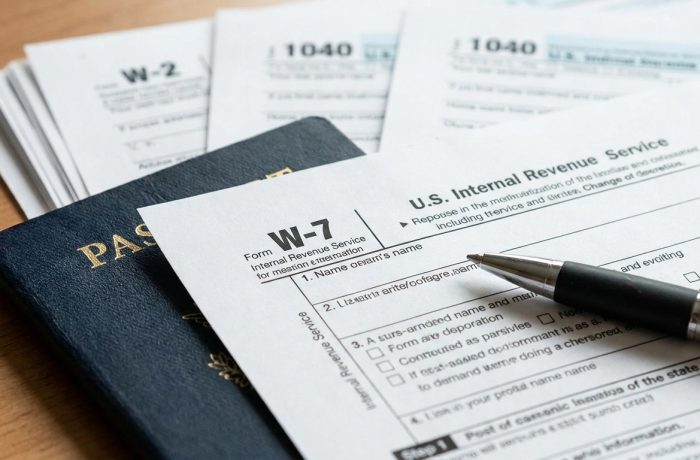 Persona revisando documentos y pasaporte para aprender como sacar el itin number ante el IRS de forma correcta.