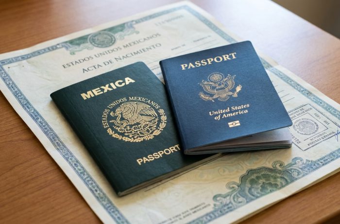 Persona sosteniendo pasaportes de Mexico y Estados Unidos sobre documentos que avalan la doble nacionalidad mexico estados unidos.