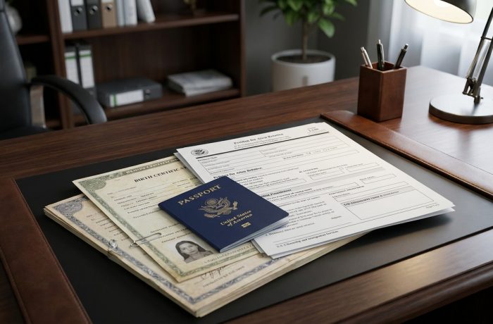 Peticion familiar para padres. Documentos migratorios esenciales, incluyendo formulario I-130, pasaporte y certificado de nacimiento, organizados para iniciar tramite.