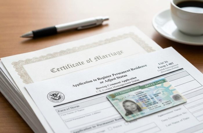 Pila de documentos de inmigracion, incluyendo el Formulario I-485 y certificado de matrimonio, simbolizando el proceso de ajuste de estatus por matrimonio.