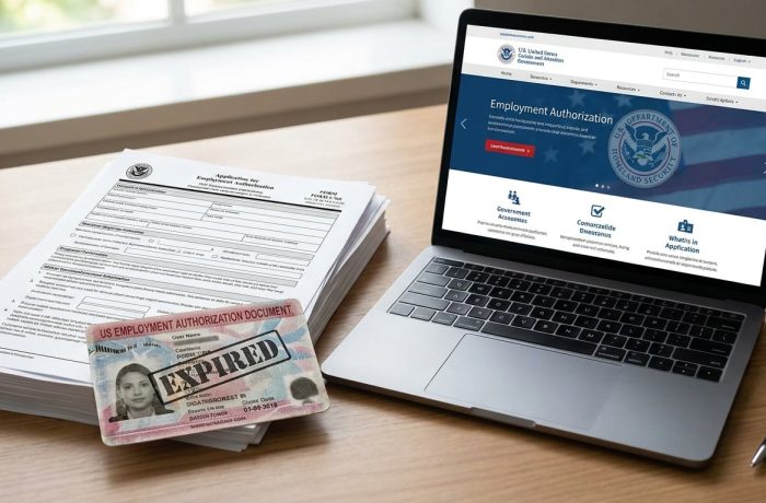 Pila de formularios I-765 y un permiso de trabajo EAD sobre un escritorio, simbolizando el proceso de renovar permiso de trabajo.