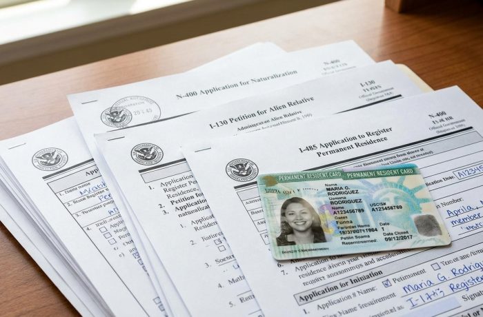 Pila de formularios y documentos oficiales, con una Green Card encima, simbolizando los requisitos para la residencia permanente en Estados Unidos.