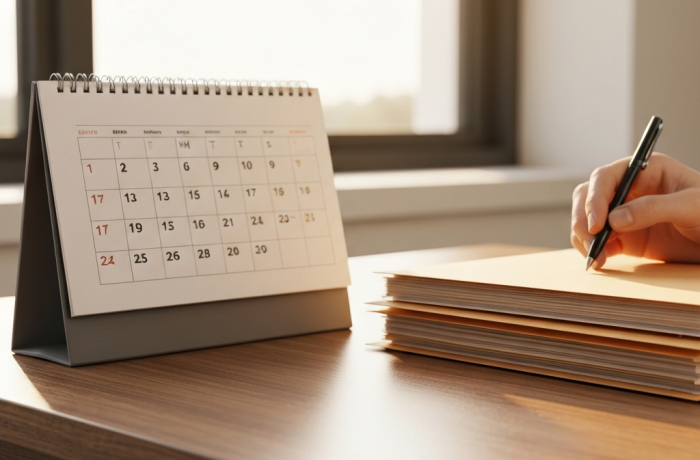 Primer plano de carpetas y un calendario sobre un escritorio de madera iluminado.