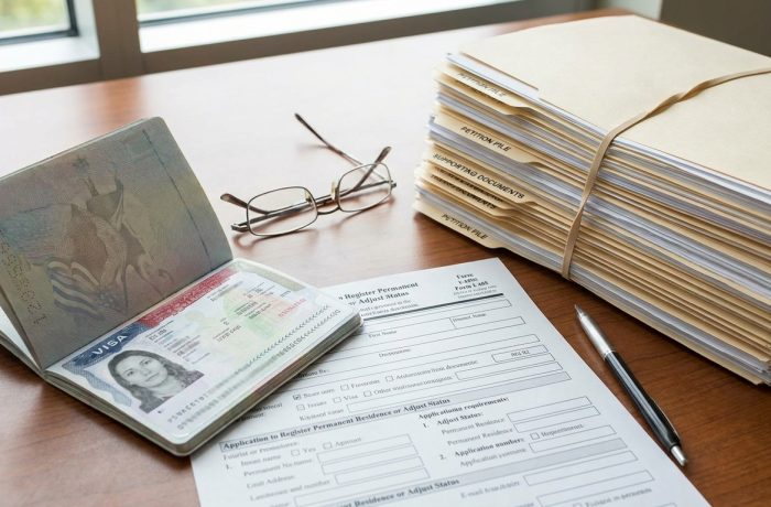 Proceso complejo de ajuste de estatus con visa de turista, con un formulario I-485 sobre una pila de documentos legales y una visa B1/B2.