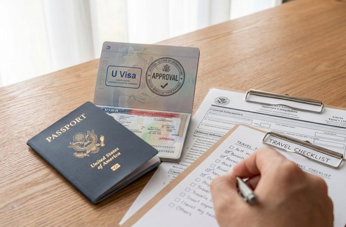 se puede viajar con la Visa U: pasaporte con sello y I-131.