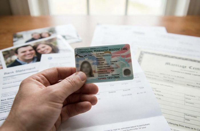 Tarjeta de residencia condicional mostrando fecha de expiracion junto a documentos de matrimonio sobre un escritorio de trabajo.