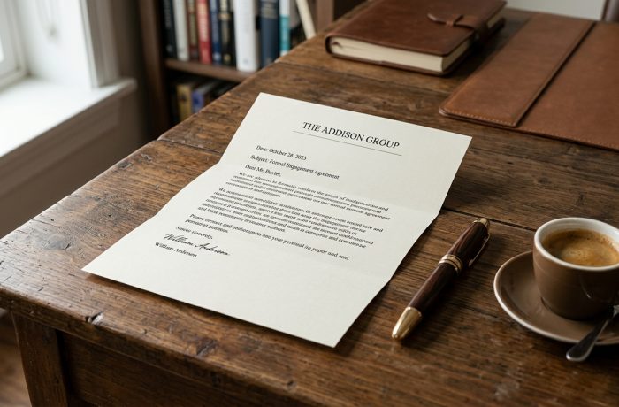 Un documento impreso sobre un escritorio de madera representando una carta de apoyo para inmigracion oficial.