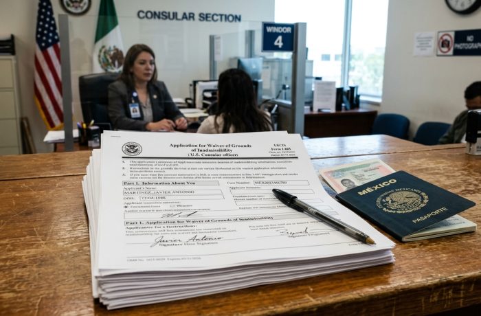 Un pasaporte junto a formularios I-601 sobre un escritorio, planteando si puedo sacar visa si estuve de ilegal en usa de forma legal.