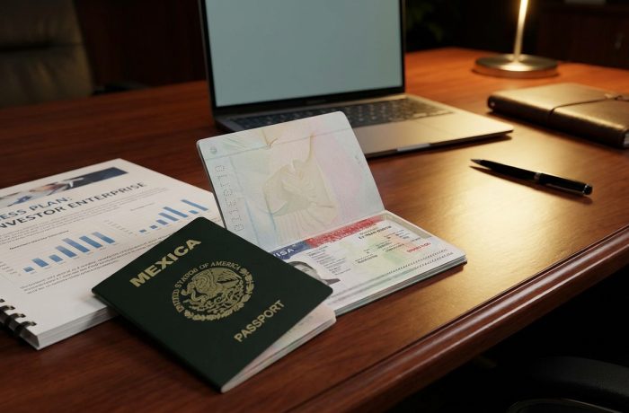 Un pasaporte mexicano con una visa e2 para mexicanos aprobada, junto a un plan de negocios sobre un escritorio.