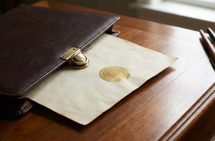 Una carpeta de cuero abierta sobre un escritorio que contiene el certificado de naturalizacion original con sello oficial.