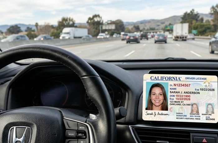 Una licencia de conducir sobre el tablero de un auto en estados que dan licencia a indocumentados mientras circula por la carretera.