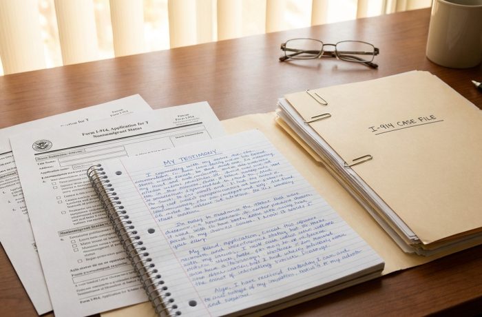 Una mesa con documentos oficiales y testimonios personales explicando como funciona la visa t para proteccion de victimas