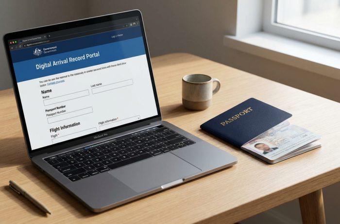 Una pantalla de computadora mostrando un registro digital para explicar que es el i-94 junto a un pasaporte.
