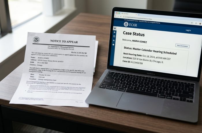 Una persona revisa documentos legales para como saber cuando es mi proxima corte de inmigracion en una oficina.