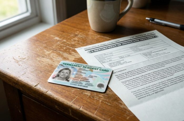 Una tarjeta de residencia expirada junto a documentos oficiales de inmigracion para saber si puedo entrar a estados unidos con mi green card vencida.