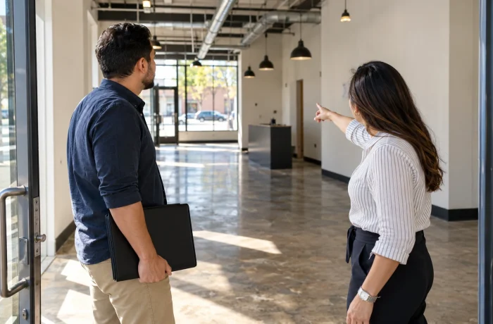 Socios evalúan un local y los pasos para iniciar una empresa en Estados Unidos