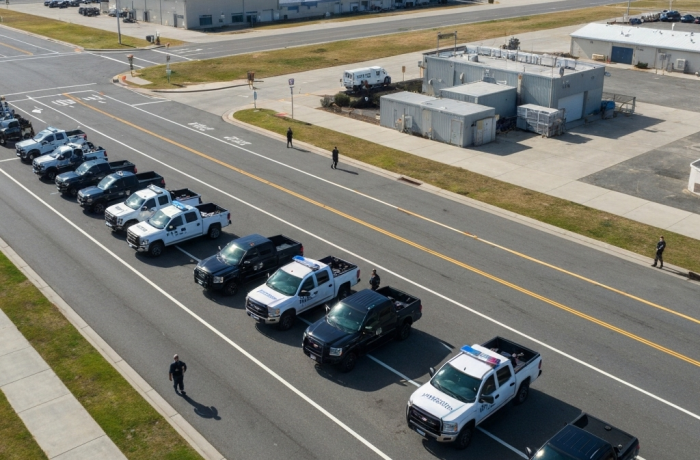 Vista aerea de la base costera de Alameda con vehiculos federales.