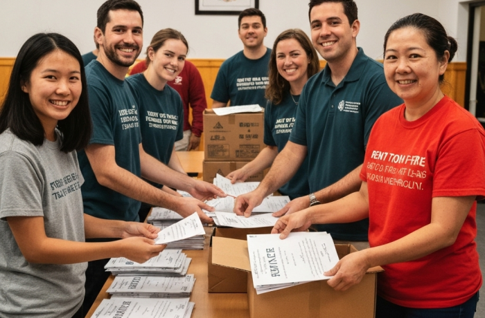 Voluntarios entregando recursos de alivio de renta en un centro comunitario, caras esperanzadas.