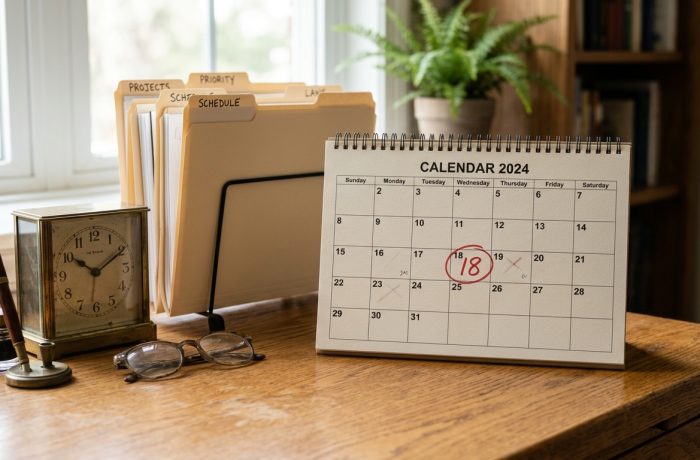 Un calendario de escritorio y carpetas que representan el monitoreo de fechas del Boletin de Visas.