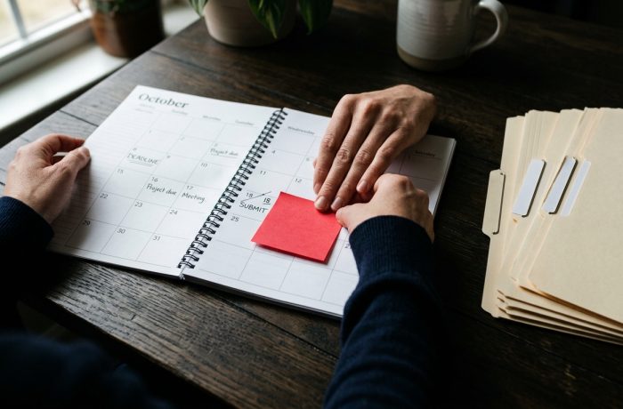 Manos organizando carpetas y un calendario de escritorio sobre el fin de TPS Birmania Sudan del Sur