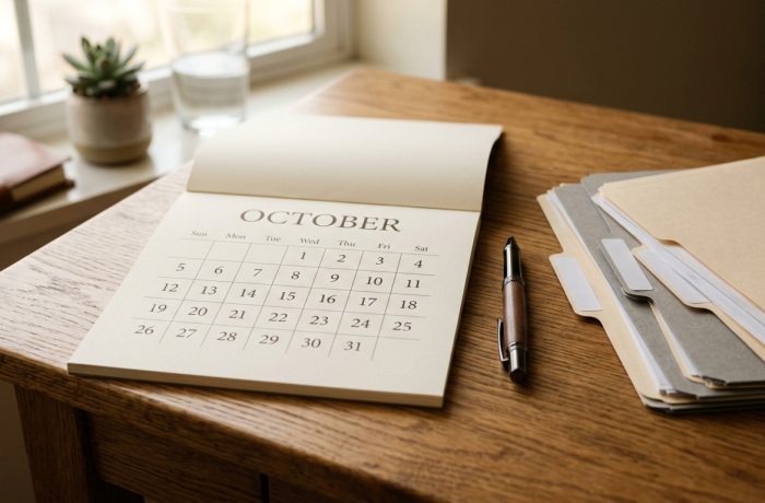 Calendario de mesa que marca el boletin de visas de octubre junto a carpetas de documentos