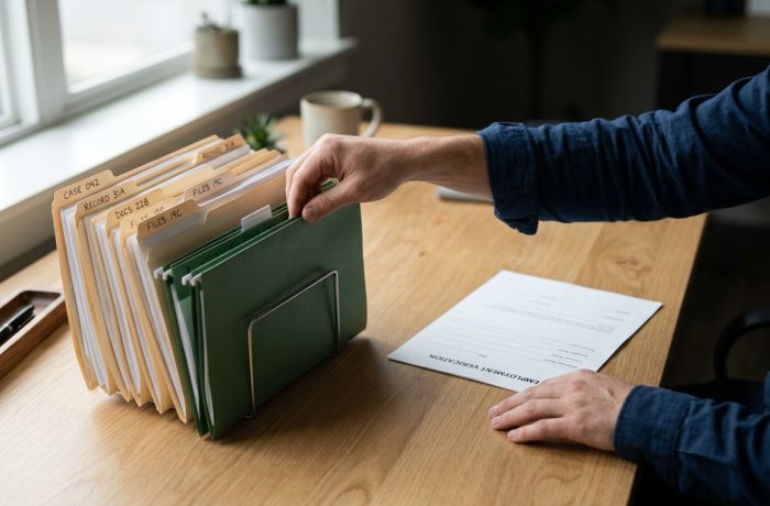 Manos organizando documentos de empleo para la reverificacion de tps por terminacion sobre un escritorio.
