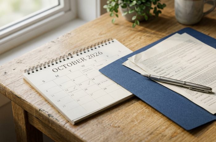 Documentos de solicitud de asilo junto a un calendario que senala el aumento de tarifas de USCIS.