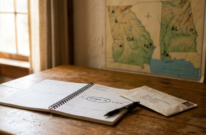 Formularios de solicitud listos para la nueva oficina de asilo en Atlanta sobre una mesa de madera