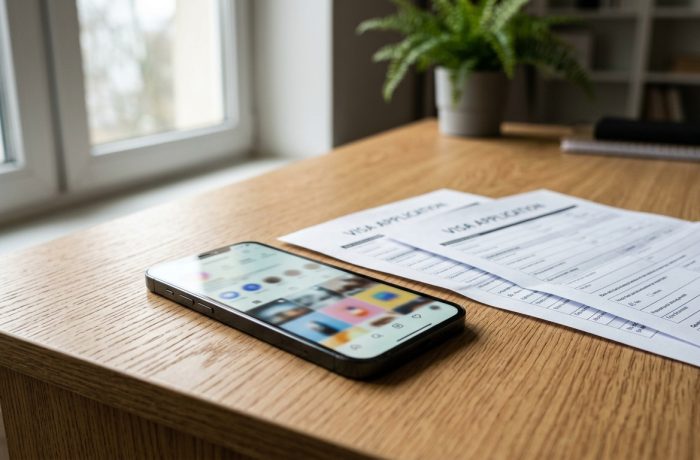 Telefono celular y documentos sobre escritorio que ilustran la revision de redes sociales para visas