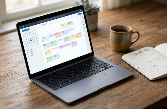 Laptop abierto en una mesa de madera mostrando un calendario para citas aceleradas para visa