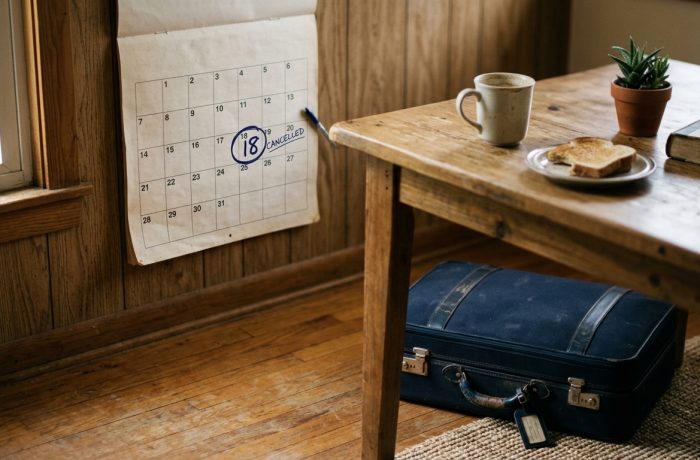 Una maleta cerrada junto a un calendario en una mesa sobre el permiso de viaje Advance Parole