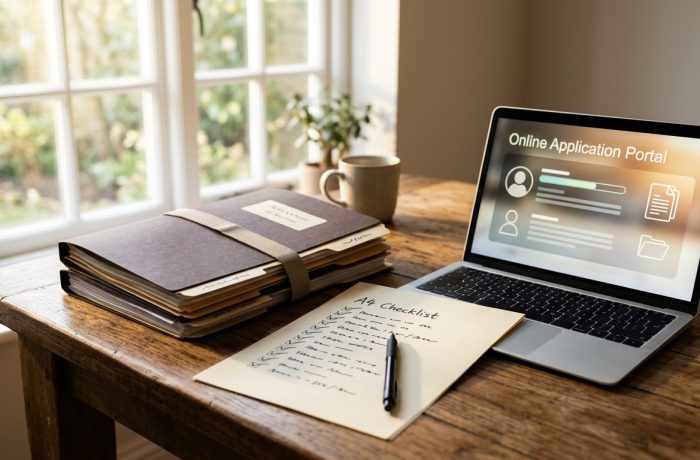 Documentos de inmigracion y una laptop que simbolizan la anulacion de veto de visas en una mesa.