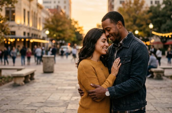 Pareja joven abrazandose con alivio en una plaza de Texas al atardecer