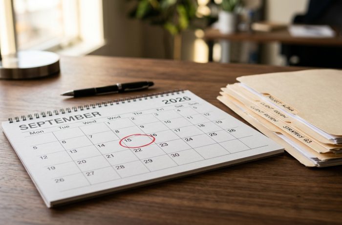 Calendario de escritorio y carpetas que representan el limite de visas H-2B para el proximo periodo.