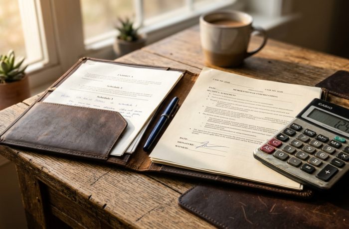 Documentos de nomina y una calculadora sobre una mesa analizando las tasas de salarios H-2A