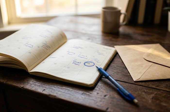 Un calendario de escritorio junto a un sobre de envio sobre los plazos de presentacion USCIS