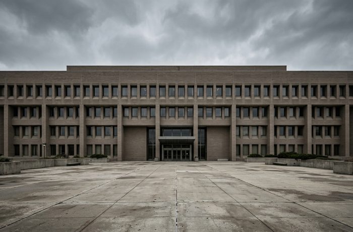 Edificio gubernamental neutro que representa el nuevo centro de detencion de ICE