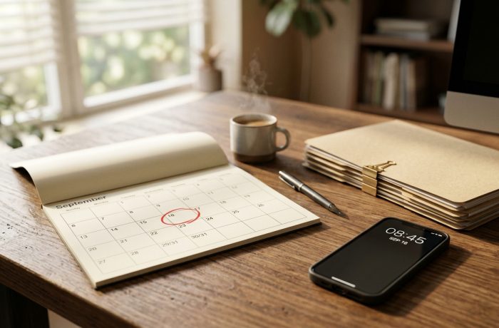 Escritorio organizado con carpetas y calendario para preparar las nuevas ediciones de formularios USCIS.