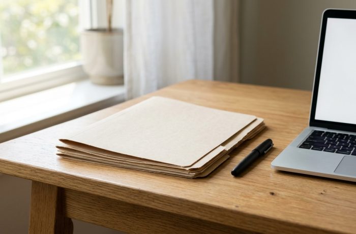 Documentos organizados sobre una mesa listos para tramitar la residencia para hijos de empleados extranjeros.