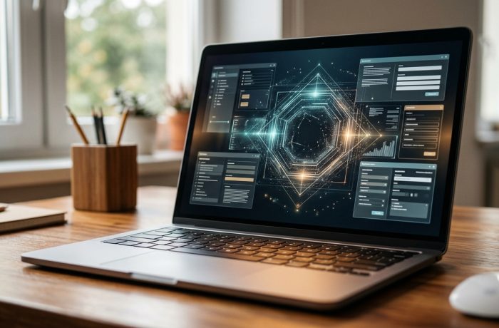 Laptop con un portal digital y documentos relacionados con abogados para menores migrantes sobre un escritorio de madera.